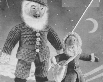 Father Christmas/Santa Dolls + Gnome to knit.  Vintage knitting pattern, uses 4 ply + DK oddments.  Instant download PDF.