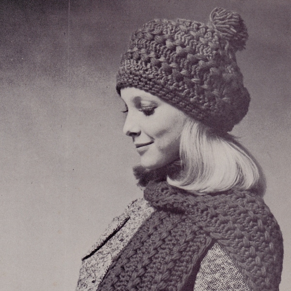 Women's tam/beret/hat and scarf set in hairpin lace crochet.  Vintage crochet pattern.  Instant download PDF.