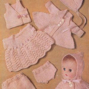 May include: A knitting pattern for a doll layette, including a dress, jacket, bonnet, pants, and a pair of booties. The pattern is for dolls that are 10 to 12 inches tall. The pattern is written in English and uses US knitting terminology. 9d. (4p) 3 PLY