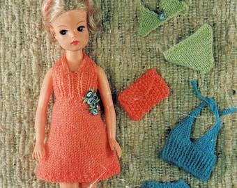 Sindy doll holiday outfit to knit.  Vintage pattern for a cute bikini set, halter top + shorts, dress + bag - 4ply.  Digital download PDF.
