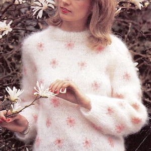 Women&#39;s daisy sweater. Soft, femine, fluffy, mohair knit, embroidered lazy-daises.  Vintage knitting pattern.  Instant download PDF.