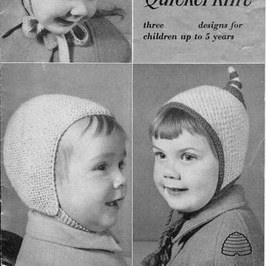 May include: Monochrome image of a vintage knitting pattern book cover. The cover shows three children modelling knitted ear cosies, with the text "EAR COSIES in Quickerkint" and "three designs for children up to 5 years".