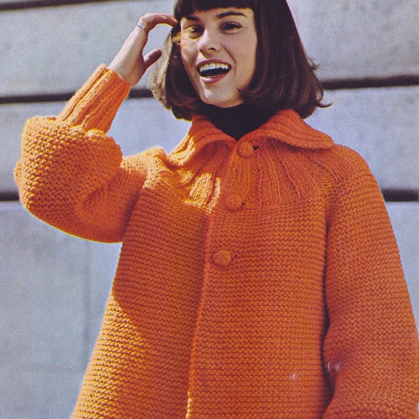 Women's knit jacket in garter stitch, with a ribbed yoke + puff sleeves. Vintage knitting pattern, 34-38 inch chest. Instant download PDF.