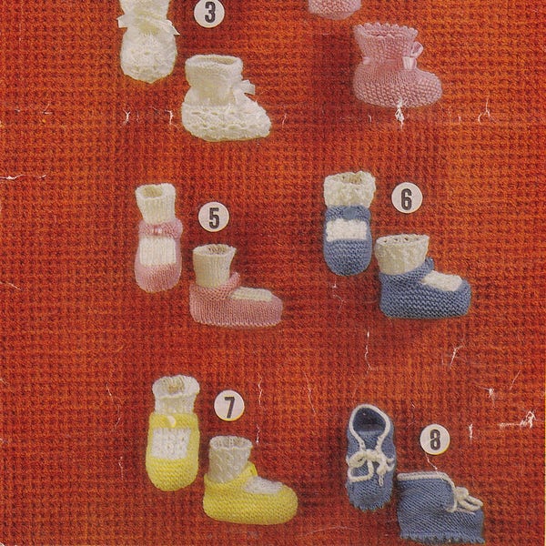 Baby shoes/bootees to knit, in baby DK.  To fit 1-6 months, eight designs.  Vintage knitting pattern.  Instant download PDF.