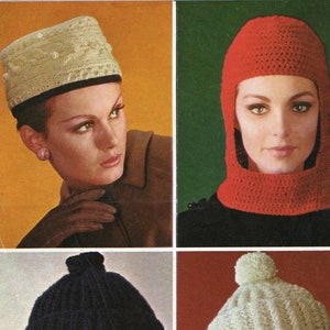 May include: Four different knitted hats in various colors and styles. The hats are worn by models. The hats include a white beanie with a pom-pom, a red crocheted hat with a flap, a white crocheted cloche hat, and a dark blue beanie.