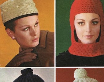 Pom pom hats, a groovy balaclava helmet/hood and a pill box hat. Vintage retro 1960s knitting + crochet pattern.   Digital download PDF.