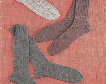Men's socks to knit.  Plain, rib + patterned designs.  Vintage pattern, knitted on 4 needles, in 4ply yarn.  Instant download PDF.