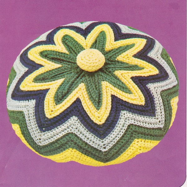 Circular crochet cushion in chevron flower design. Vintage crochet pattern. Use oddments of DK yarns.  Instant download PDF.