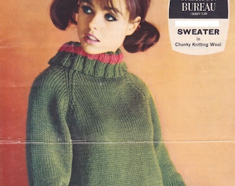 Women's sweater: beatnik chunky raglan jumper, with large roll neck striped collar.  Vintage 1960s knitting pattern.  Instant download PDF.