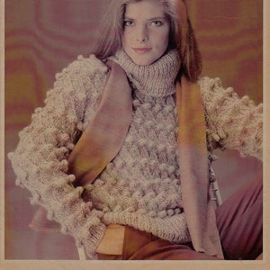 Women&#39;s chunky polo neck bobbled sweater - cozy!  Vintage knitting pattern. 32-46 inch chest.  Digital download PDF.
