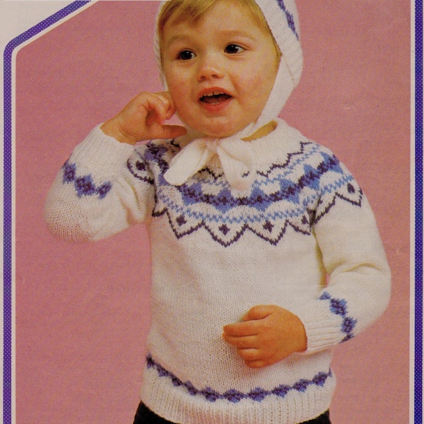 Child's fair isle yoke sweater + hat with earflaps. DK yarn, 20-26 inch chest.  Vintage knitting pattern.  Instant download.