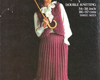 Women's loopy knit bolero/waistcoat/gilet and pleated skirt. Fun set in DK yarn.  Vintage pattern instant digital download PDF