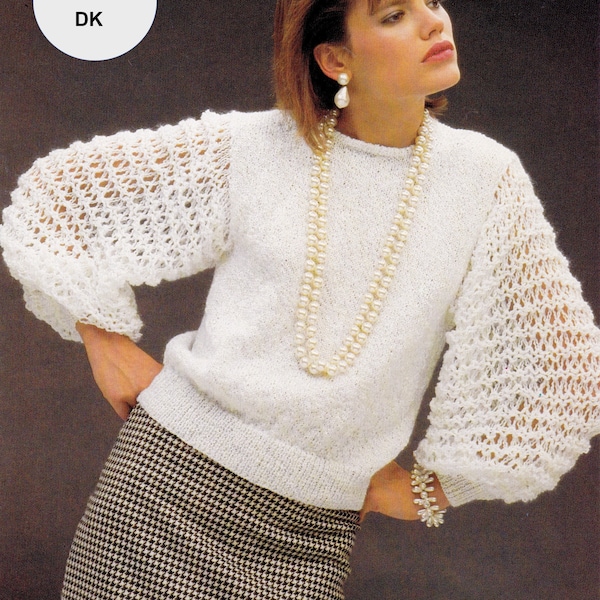 Women's sweater with balloon sleeves.  Statement knit on odd size needles, in DK.  Vintage 1980s knitting pattern.  Instant download PDF.