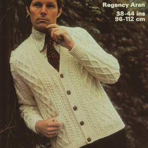 V-neck aran cardigan with raglan sleeves + pockets.  Classic vintage knitting pattern for men.  38-44 inch chest.  Instant download PDF.