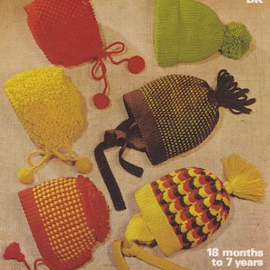 Children&#39;s bonnets, helmet + hats/caps to knit, in DK yarns.  To fit 18 months - 7 years.  Vintage knitting pattern.  Instant download PDF.