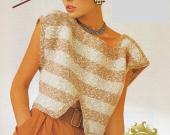 Women's sleeveless cropped top/vest/tee.  Cute, easy, loose summer style in DK. 1980s vintage knitting pattern. Digital download PDF.