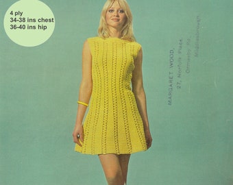 Crochet mini-dress, women's summer A-line swingy shift dress, 4 ply.  34-38 inch chest. 1960s vintage crochet pattern. Digital download PDF.