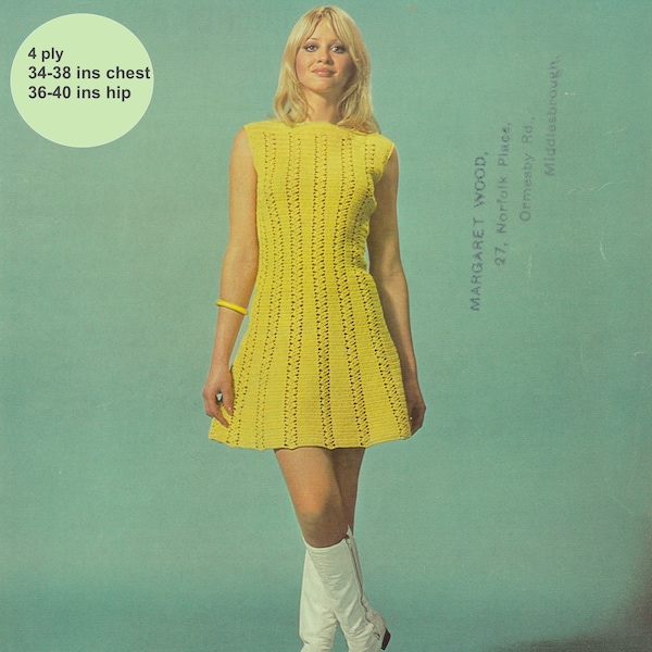 Crochet mini-dress, women's summer A-line swingy shift dress, 4 ply.  34-38 inch chest. 1960s vintage crochet pattern. Digital download PDF.