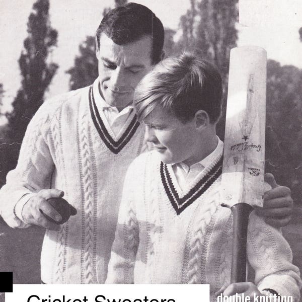 V-neck cricket sweaters.  Vintage knitting pattern, in a good range of sizes 26-44 inch chest in DK.  Instant download PDF.