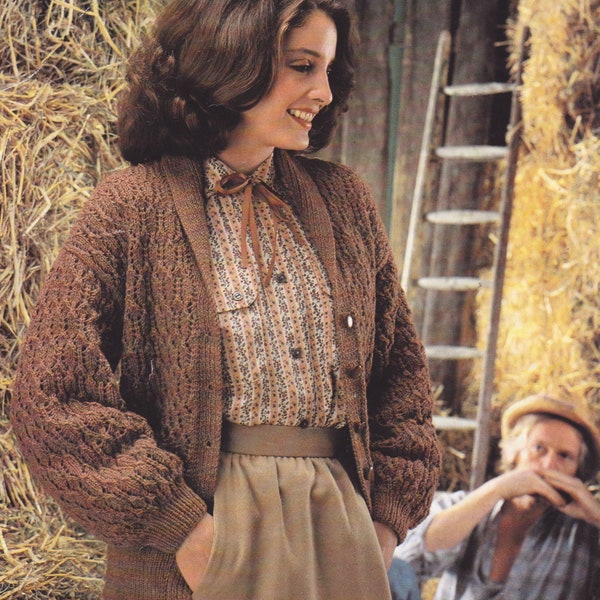 Lace knit cardigan with shawl collar and full sleeves. 32-42 inch chest, in DK yarn. Instant download women's knitting pattern PDF.