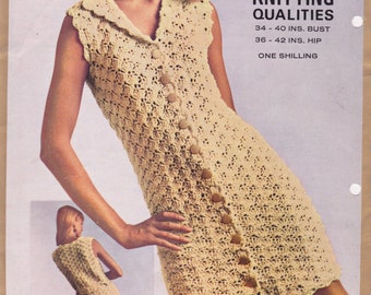 Crochet lacy dress, button though sleeveless summer shift. Women's vintage crochet pattern. 32 + 40 inch chest. Instant download PDF.