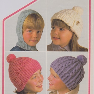 Children&#39;s hats to knit: a cable hat, balaclava, ribbed hat + a chunky hat. Ages 5-9 + 10-15 yrs.  Vintage pattern. Digital download PDF.