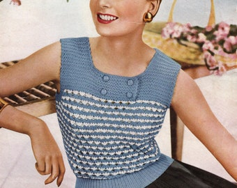 Women's lacy jumper, summer top, with a square neckline.  Vintage 1950s knitting pattern in 2 cols, DK + 3-ply yarn.  Digital download PDF.