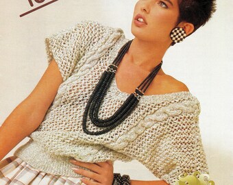 V-neck summer open knit top with cables.  Women's easy, casual holiday style. Vintage knitting pattern. Digital download PDF.