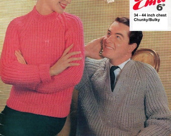 Unisex cosy chunky pullover/jumper/sweater in fisherman's rib. V + round neck 1960s preppie vintage knitting pattern. Digital download PDF.