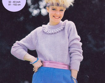 Women's sweater with frill/ruffle collar/neckband. Raglan sleeves, moss stitch, DK. Vintage 1980s knitting pattern.  Instant download PDF.