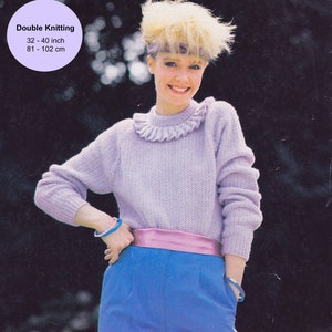 Women&#39;s sweater with frill/ruffle collar/neckband. Raglan sleeves, moss stitch, DK. Vintage 1980s knitting pattern.  Instant download PDF.
