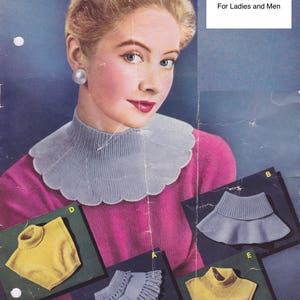 May include: A vintage knitting pattern for 3 ply/4 ply/dk polo collars. The pattern includes five different collar styles, with illustrations of each style. The text "3ply/4ply/dk Polo Collars For Ladies and Men" is printed in the top right corner of the image.
