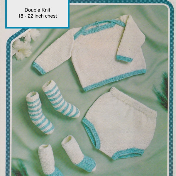 Baby's jumper with an envelope neck opening, simple pants + socks in DK, 18-22 inch chest.  Vintage knitting pattern.  Instant download PDF.