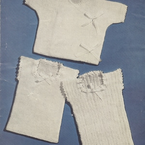Vests for babies: plain + a cross-over vest + a ribbed vest.  17-18 inch chest, 3 ply.  Vintage knitting pattern.  Digital download PDF.