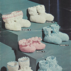 Baby booties to crochet, in 3 ply yarns.  Vintage crochet pattern.  Easy + quick to make.  Instant download PDF.