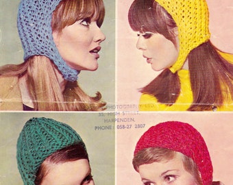 Women's head hugger aviator style bonnet/hood for winter.  Vintage swinging 60s vintage knitting pattern, in chunky. Instant download PDF.