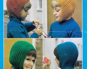 Children's helmets/balaclava in cosy, textured stitches. Age 4-7 years, in DK + 4ply yarn.  Vintage knitting pattern.  Instant download PDF.