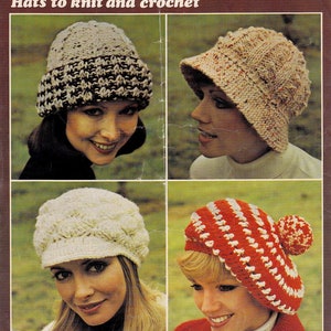May include: Four women wearing different styles of knitted and crocheted hats. The hats are in various colours and patterns, including brown, white, red, and pink.