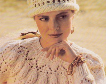 Women's circular yoke sweater + hat with leaf/lace patterning. 32-40 inch, in chunky yarn. Vintage knitting pattern.  Instant download PDF.