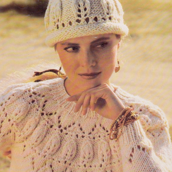 Women's circular yoke sweater + hat with leaf/lace patterning. 32-40 inch, in chunky yarn. Vintage knitting pattern.  Instant download PDF.
