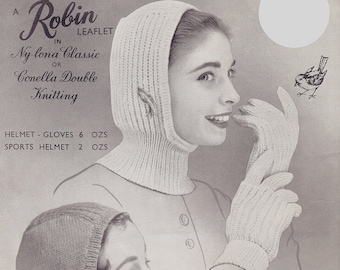 Women's balaclava helmet + glove set + cable helmet, in DK yarn. Vintage 1950s beatnik/skater style knitting pattern.  Instant download PDF.