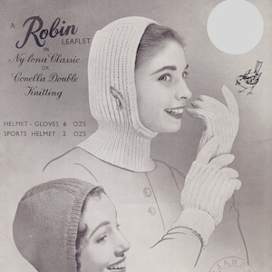 以下が含まれることがあります： ロビン帽と手袋の白黒のヴィンテージ編み物パターン。パターンはヘルメットスタイルの帽子と手袋用です。パターンはNy lona ClassicまたはConella Double Knitting用です。パターンはAmanda Laineによってデザインされました。