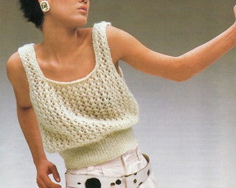 Women's cropped vest top in a lace pattern to knit in aran weight yarn.  Vintage 1980s knitting pattern.  Digital download PDF.