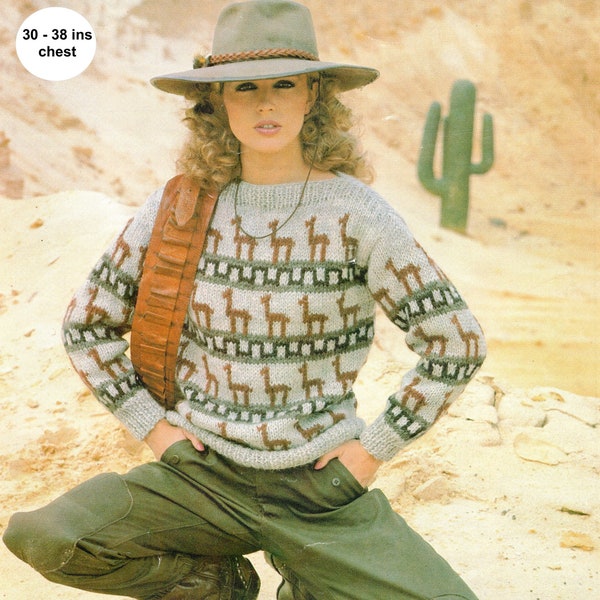 Women's slash neck sweater with llama motifs, in chunky yarn. 30 - 38 inch chest. Vintage knitting pattern, instant download PDF.