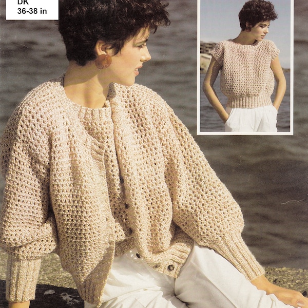 Women's open-knit sweater + cardigan.  Summer knit, 32-38", in DK.  Vintage knitting pattern.  Digital instant download PDF.