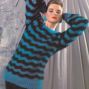 Women&#39;s chevron/feather stripey mohair sweater pattern. 26-40 inch chest, cozy knit.  Vintage 1980s knitting pattern.  Instant download PDF.