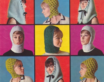 Women's groovy hoods for winter.  Four beatnik designs -  swinging sixties vintage knit + crochet pattern.  Instant download PDF.