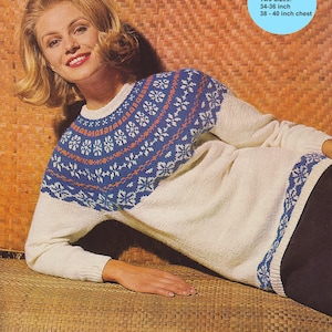 Women&#39;s fair isle circular yoke sweater. Scandi/Norwegian/ski style. Vintage 1960s knitting pattern, in DK yarn.  Instant download PDF.