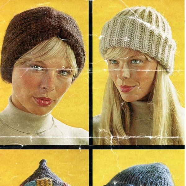 Women's hats: turbans + hats with deep brims to knit.  Vintage knitting pattern, in chunky yarn. Instant download PDF.