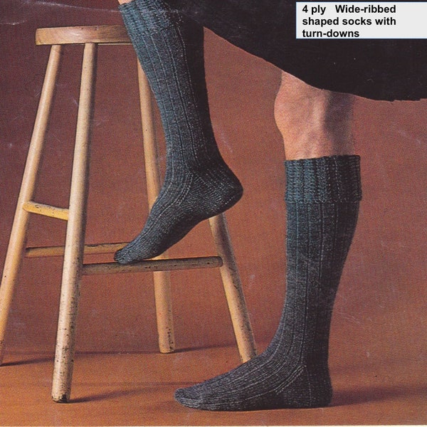 Men's ribbed socks to knit.  Long socks, cable turnover tops in 4 ply, on four needles.  Vintage knitting pattern.  Instant download PDF.